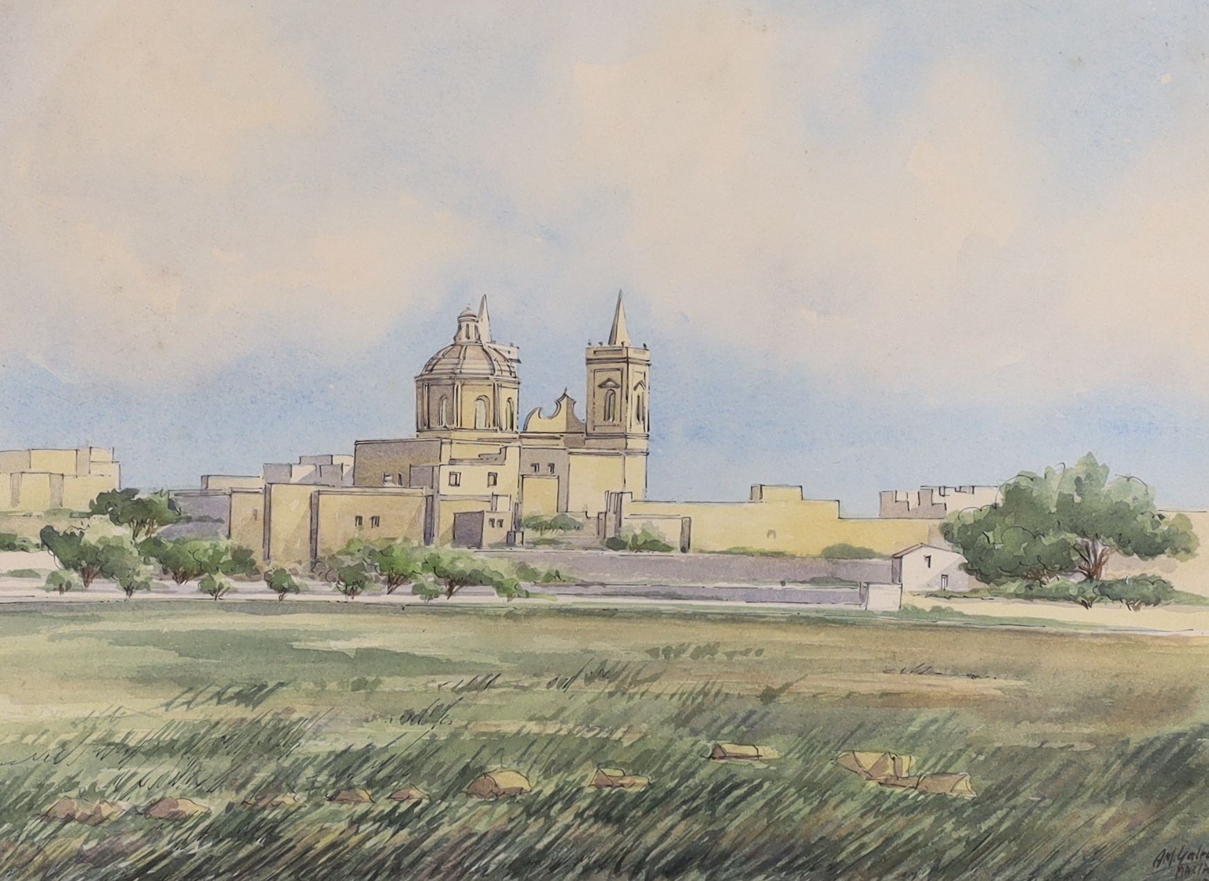 A.M. Galea, ink and watercolour, View of a Maltese town, signed and dated 1977, 27 x 37cm